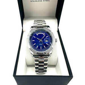 Silver Blue Stainless Steel Presidential Luxury Day Date Watch